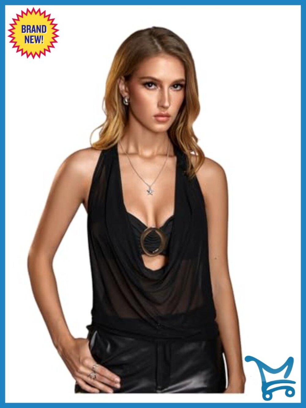 Women's Mesh Halter Top Sleeveless Open Back Deep V Neck Clubwear